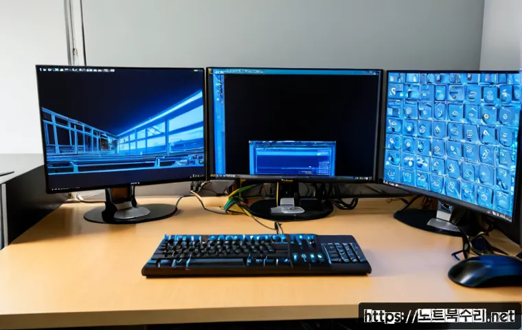 옥천동 STATUS_KERNEL_MODULE_CORRUPTION - Photorealistic IT support workstation in a compact Okgcheondong neighborhood office, dual monitors s...