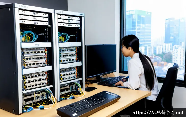 하남시 네트워크구축 설정 및 세팅오류해결 - Photorealistic IT workstation in a modern Hanam office, technician configuring a compact network rac...
