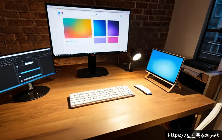 홍대 STATUS_IMAGE_NOT_FOUND - Photorealistic creative workstation in a Hongdae-inspired studio loft, dual monitors showing abstrac...