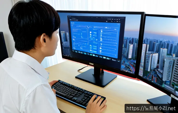 옥련동 VIDEO_MEMORY_MANAGEMENT_INTERNAL - Photorealistic remote-support workstation in a quiet Okryeon-dong apartment, dual monitors showing a...