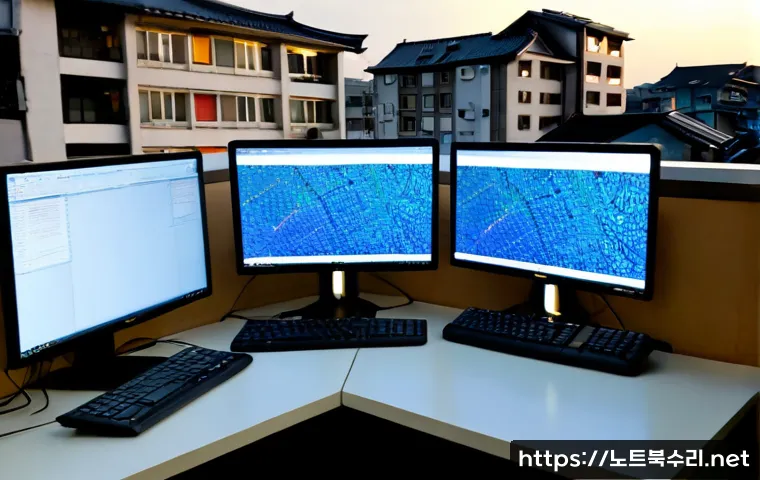 진리동 STATUS_MEMORY_OVERFLOW - Photorealistic compact software engineering workstation in Jinri-dong, dual monitors showing an abst...