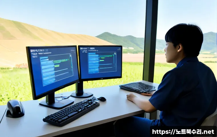 삼죽면 DRIVER_VERIFIER_DETECTED_VIOLATION - Photorealistic IT support workstation in a quiet rural office, dual monitors showing a generic blue ...