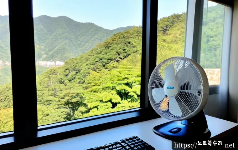 의왕시 팬돌다 멈춤 - Photorealistic home office in Uiwang, South Korea, a compact desk fan abruptly stopped beside a mode...
