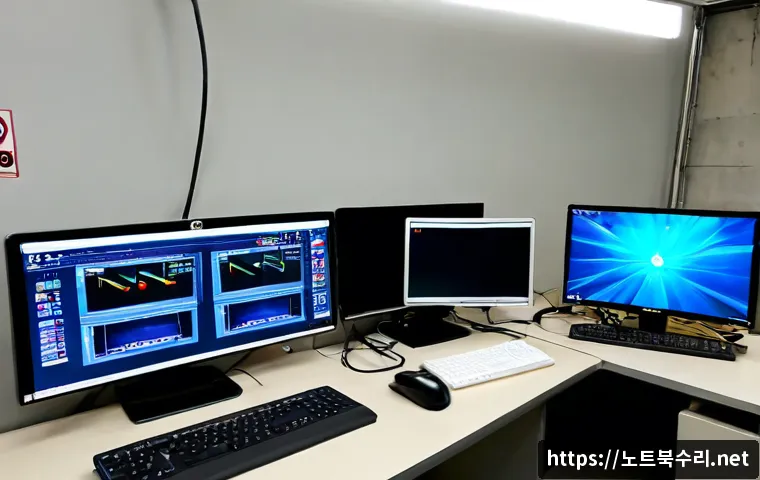 오쇠동 STATUS_KERNEL_MODULE_ACCESS_DENIED - Photorealistic IT support workstation in a compact Osoe-dong industrial office, technician facing du...