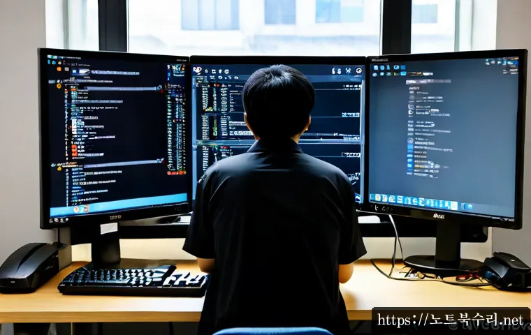 선린동 STATUS_DEVICE_OFFLINE - Photorealistic IT support workstation in a compact Sunrin-dong office, desktop computer with a dark ...