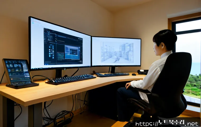 선원면 입력신호가 없습니다 - Photorealistic remote-support workstation in a quiet coastal village office, dual monitors with one ...
