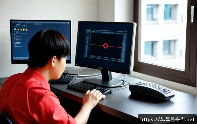 휘경동 STATUS_CONNECTION_REFUSED - Photorealistic IT support workstation in a compact Hwigeon-dong office, dual monitors showing a blan...