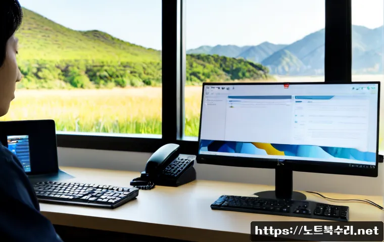 강상면 STATUS_KERNEL_BLOCKED - Photorealistic IT support workstation in a quiet riverside township office, dual monitors showing ab...