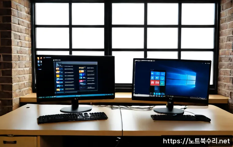 정동 STATUS_KERNEL_INIT_FAILURE - Photorealistic IT support workstation in a quiet Jeongdong-style brick office, dual monitors showing...