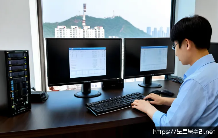 동양동 STATUS_FLOAT_INEXACT_RESULT - Photorealistic IT support workstation in a quiet Dongyang-dong apartment office, dual monitors displ...