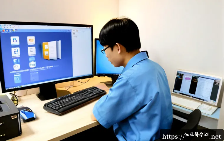 원남동 STATUS_FILE_CORRUPTION - Photorealistic IT support workstation in a compact Wonnam-dong office, technician examining a deskto...