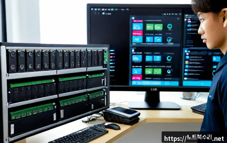 방학동 나스 nas 설정및수리 - Photorealistic network technician configuring a compact multi-bay NAS beside a dual-monitor workstat...