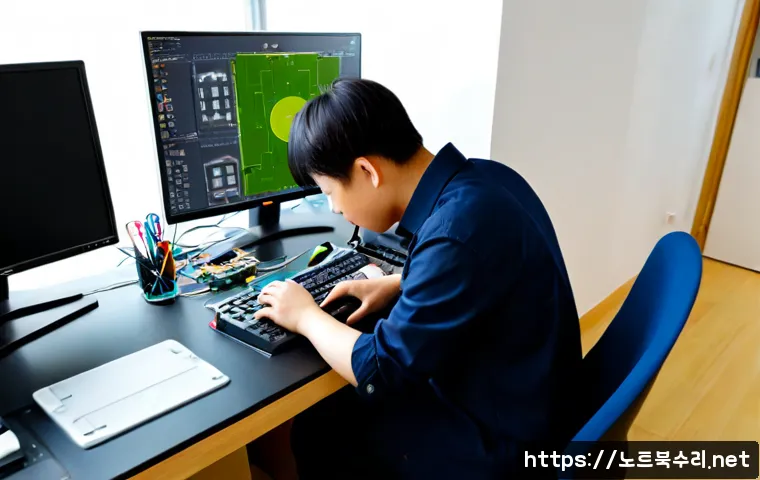 여주시 워크스테이션출장방문수리점 - Photorealistic onsite workstation repair in a quiet Yeoju apartment study, technician carefully repl...
