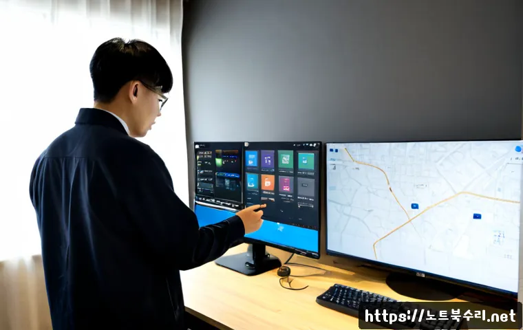 은평구 모니터화면 안나옴 - Photorealistic remote-support workstation in a quiet Eunpyeong-gu apartment, dual-monitor desktop se...