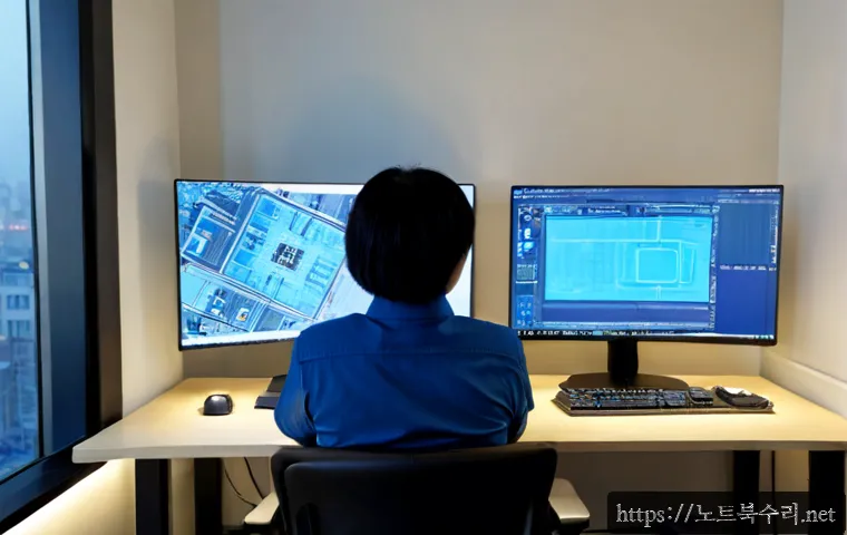 인현동 VIDEO_MEMORY_MANAGEMENT_INTERNAL - Photorealistic IT support workstation in a compact Inhyeon-dong office, dual monitors showing abstra...