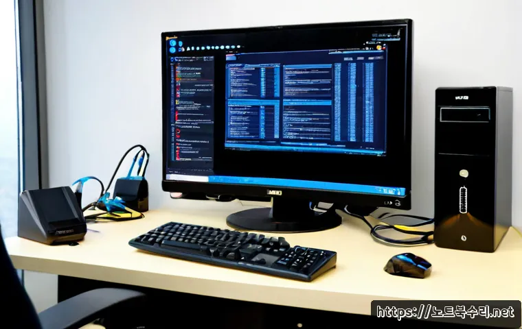 대장동 BOOTMGR is missing - Photorealistic remote IT support workstation in a modern Pangyo-area office, desktop monitor showing...