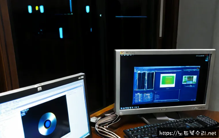 팔판동 FAT32_FILE_SYSTEM - Photorealistic remote IT support workstation in a quiet historic Seoul neighborhood office, dual mon...