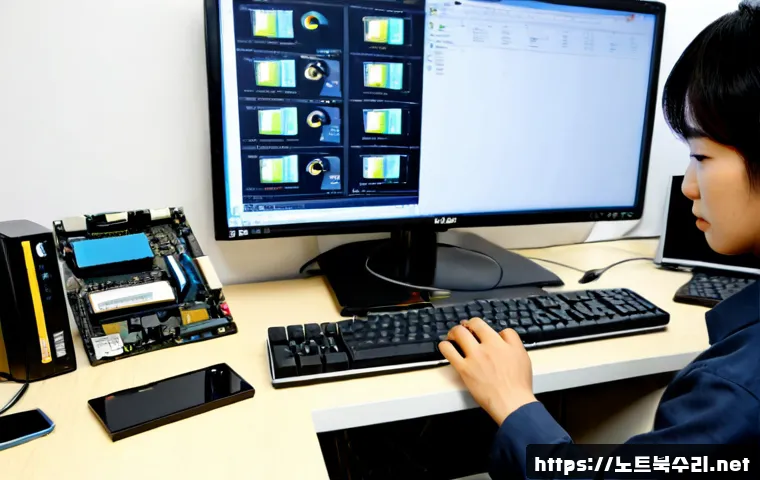산남동 하드조립 및 교체수리 - Photorealistic computer repair workstation in a compact Sanam-dong apartment office, technician care...