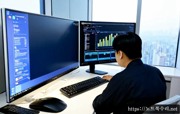 문정동 STATUS_KERNEL_INIT_FAILURE - Photorealistic IT support workstation in a modern Munjeong business district office, ultrawide monit...