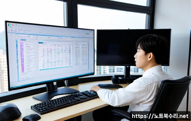 번동 STATUS_INVALID_OBJECT - Photorealistic IT support workstation in a compact Beon-dong office, technician studying an abstract...