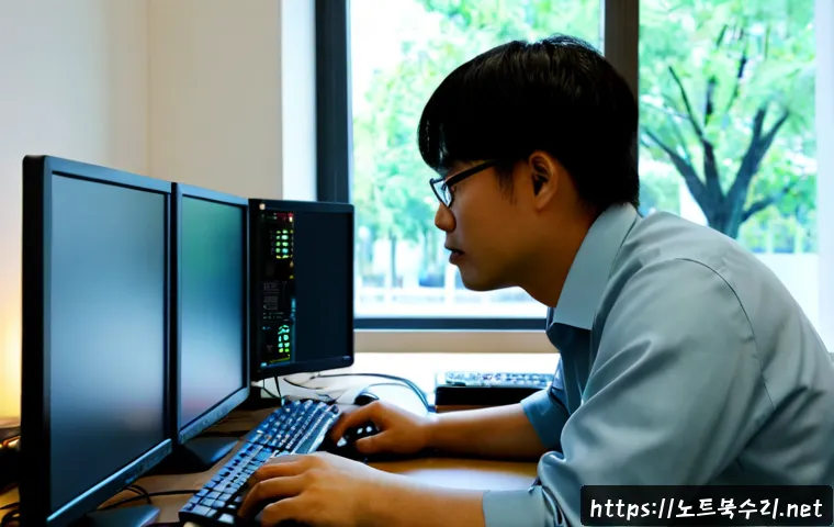 주엽동 NDIS_INTERNAL_ERROR - Photorealistic IT technician at a dual-monitor workstation, troubleshooting a desktop network failur...