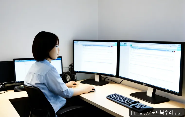 동양동 STATUS_SESSION_TIMEOUT - Photorealistic IT support workstation in a compact Donyang-dong office, dual monitors showing a clea...