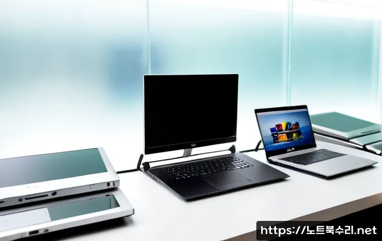 주성동 맥북프로 판매 및 수리 - Photorealistic premium aluminum laptop sales counter in a tidy computer service studio, several open...