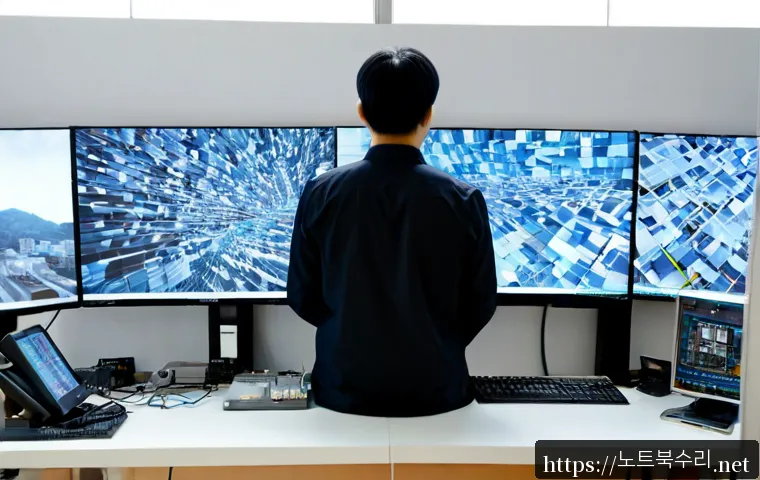 마곡동 STATUS_IMAGE_CORRUPTION - Photorealistic IT support workstation in a modern Magok business-district office, dual monitors show...