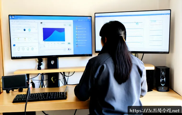 모가면 STATUS_KERNEL_REGISTRY_ERROR - Photorealistic IT support workstation in a quiet Moga-myeon home office, dual monitors showing abstr...