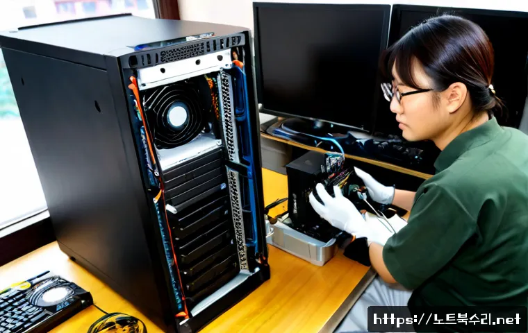 양상동 그래픽카드조립 및 교체수리 - Photorealistic computer repair workstation in a compact Yangsang-dong electronics service studio, te...