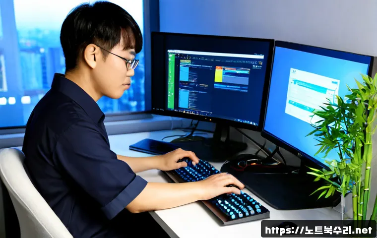 죽백동 PAGE_TABLE_CORRUPT - Photorealistic IT support workstation in a modern Korean apartment office, dual monitors with abstra...