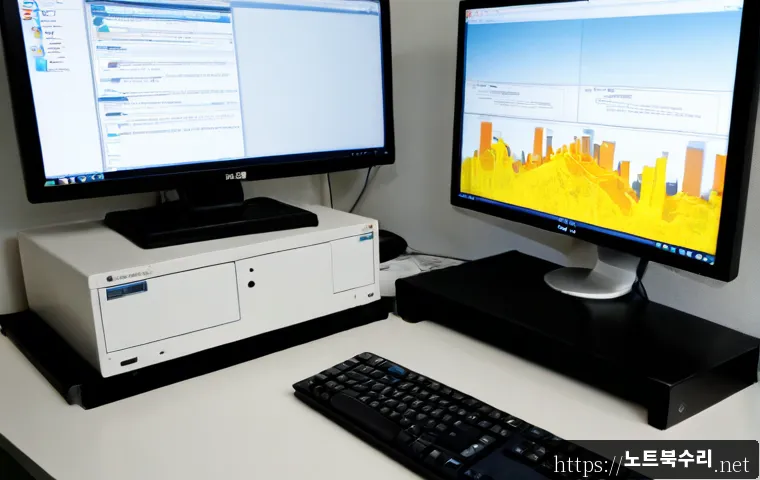 진서면 STATUS_DISK_CORRUPTION - Photorealistic remote IT support workstation in a small coastal county office, dual monitors showing...