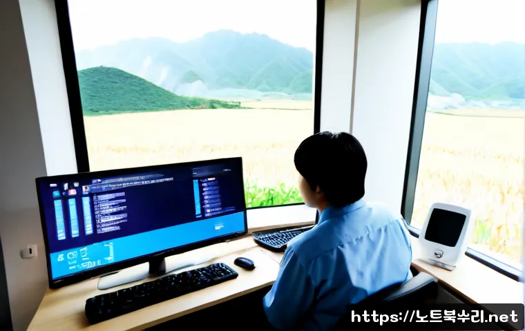 삼산면 INTERNAL_POWER_ERROR - Photorealistic remote-support workstation in a quiet rural Korean island office, dual monitors showi...