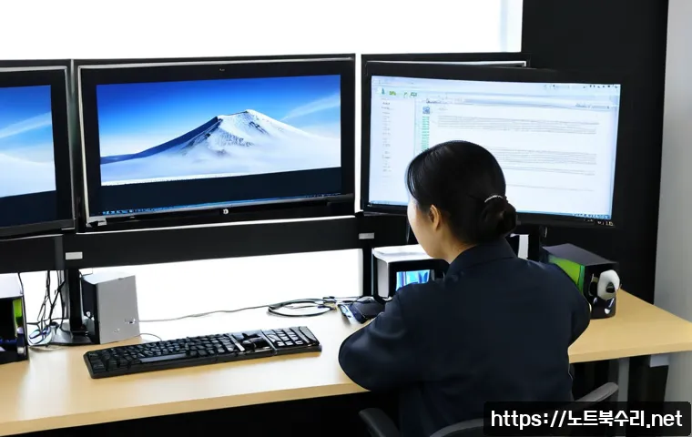 의주로 centos재설치 포맷  초기화 - Photorealistic IT technician reinstalling a Linux workstation at a compact office near Euijuro, dual...