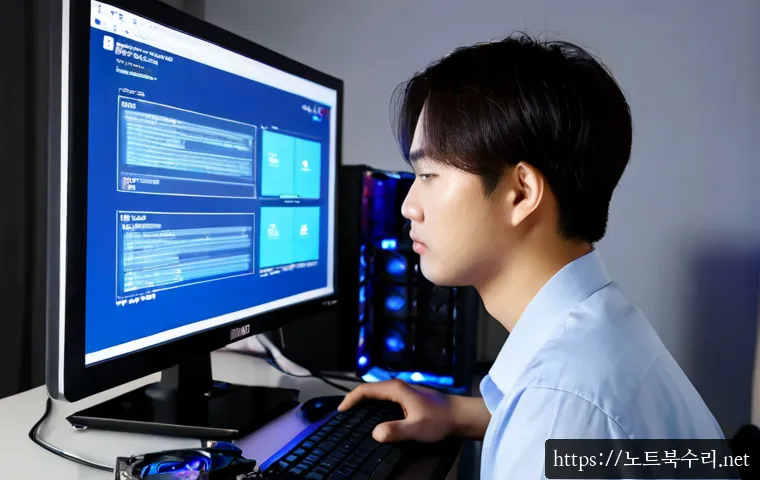 구운동 STATUS_KERNEL_MODULE_CORRUPTION - Photorealistic IT technician in a compact modern apartment workspace, diagnosing a desktop computer ...