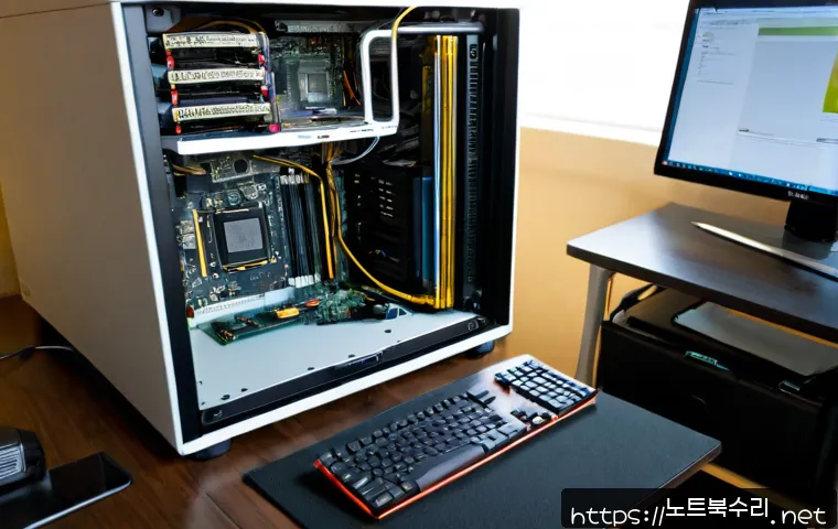 구의동 그래픽카드조립 및 교체수리 - Photorealistic computer repair workstation in a compact Guei-dong apartment office, technician caref...