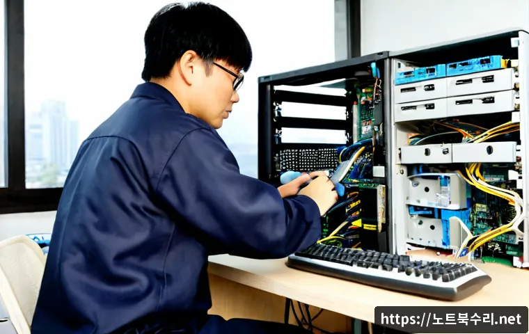 방화동 RAM조립 및 교체수리 - Photorealistic computer repair bench in Banghwa-dong, Seoul, technician carefully installing new RAM...