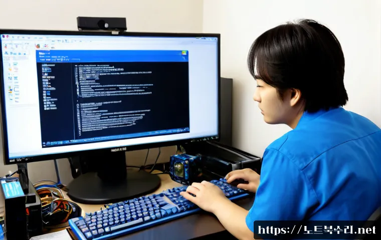 토평동 ACPI_BIOS_ERROR - Photorealistic IT support workstation in Topyeong-dong, South Korea, a desktop monitor showing a pla...