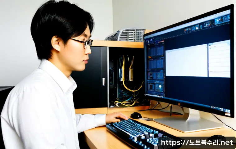 관훈동 STATUS_KERNEL_MODULE_NOT_FOUND - Photorealistic IT support workstation in a quiet Insadong-adjacent studio office, engineer examining...