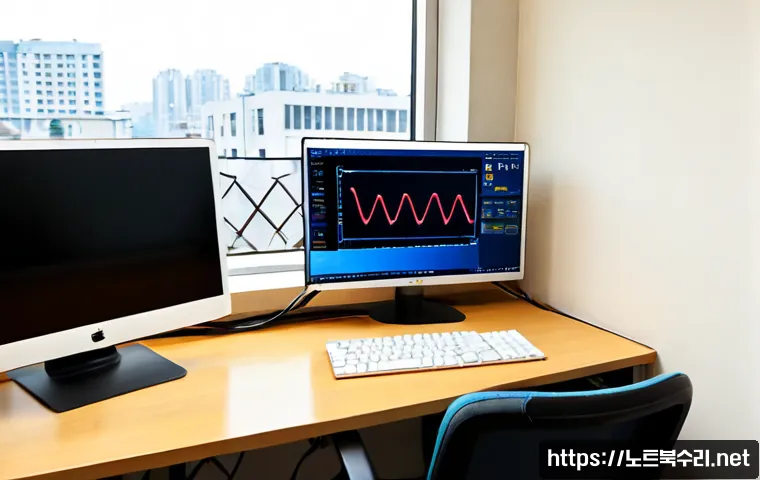 매교동 STATUS_CONNECTION_REFUSED - Photorealistic IT support workstation in a compact Maegyo-dong office, dual monitors showing a blank...