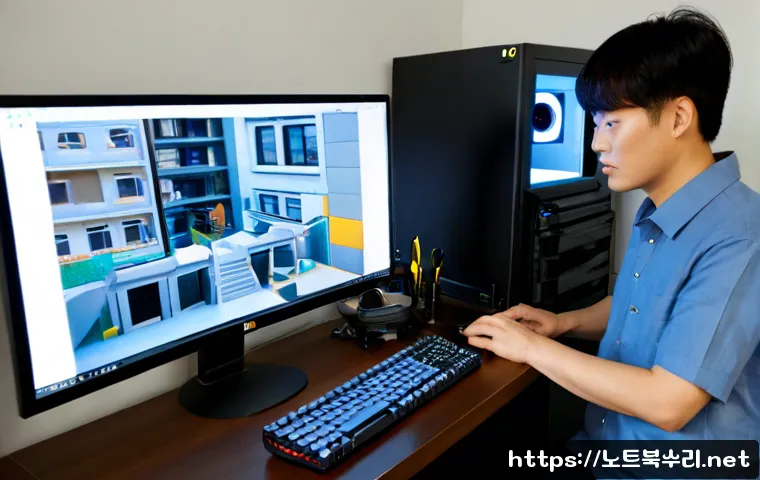 지영동 컴퓨터업그레이드 - Photorealistic computer upgrade workstation in a compact Jiyoung-dong apartment office, technician i...