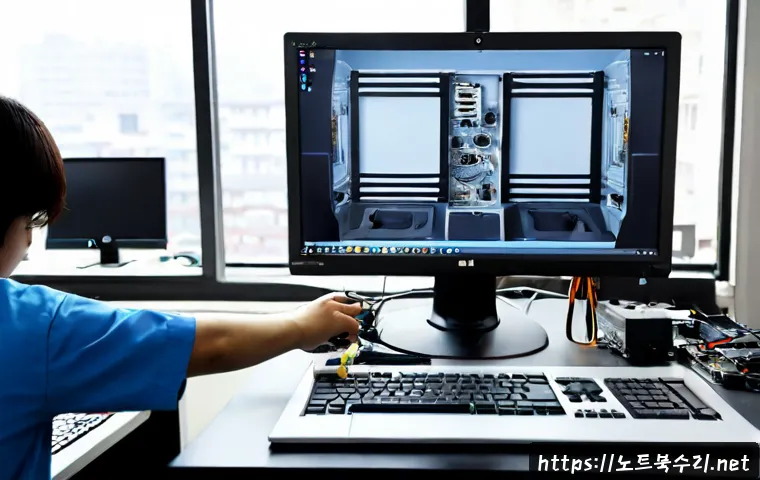 수석동 아이맥 판매 및 수리 - Photorealistic computer repair workshop in Suseok-dong, a sleek silver all-in-one desktop carefully ...