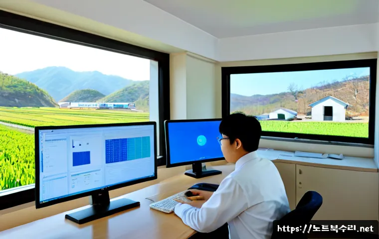 조리읍 SYSTEM_THREAD_EXCEPTION_NOT_HANDLED - Photorealistic IT support workstation in a quiet semi-rural Korean township office, dual monitors sh...