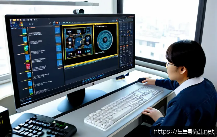 청덕동 STATUS_INVALID_PARAMETER - Photorealistic modern engineering workstation in Cheongdeok-dong, a focused technician reviewing a c...