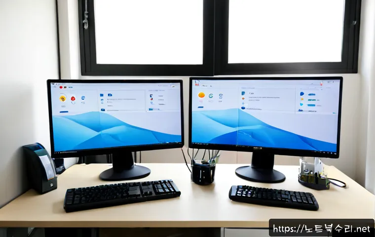 매탄동 STATUS_KERNEL_THREAD_INTERRUPTED - Photorealistic IT support workstation in a compact apartment office, dual monitors showing a frozen ...