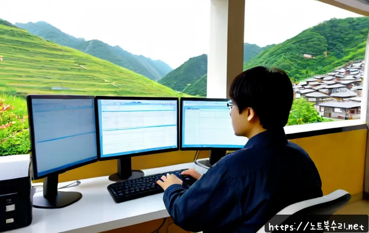 능현동 STATUS_MODULE_CORRUPTION - Photorealistic desktop support workstation in a quiet Korean hillside neighborhood apartment, dual m...