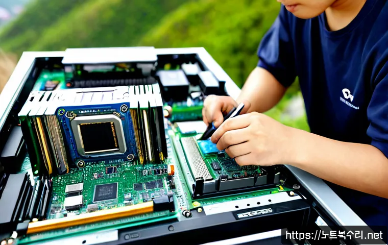 창신동 메모리조립 및 교체수리 - Photorealistic PC repair workstation in Changsin-dong, technician carefully installing two matching ...