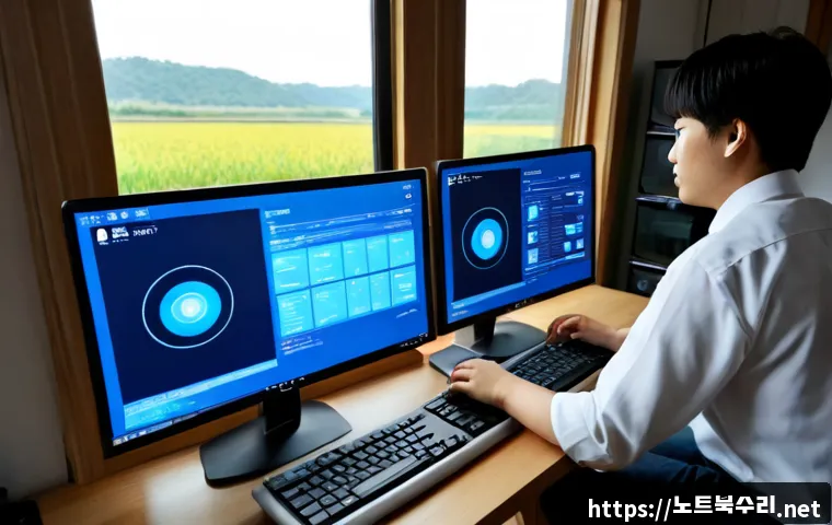 강상면 UDFS_FILE_SYSTEM - Photorealistic remote-support workstation in a quiet riverside home office, dual monitors showing an...
