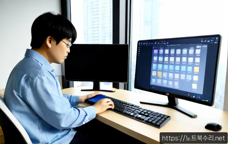 황계동 STATUS_SECURITY_POLICY_VIOLATION - Photorealistic remote-support workstation in a compact Hwanggye-dong apartment office, dual monitors...