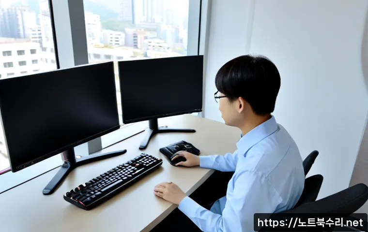영등포동 STATUS_IMAGE_INVALID - Photorealistic remote support specialist at a modern workstation in Yeongdeungpo-dong, dual monitors...